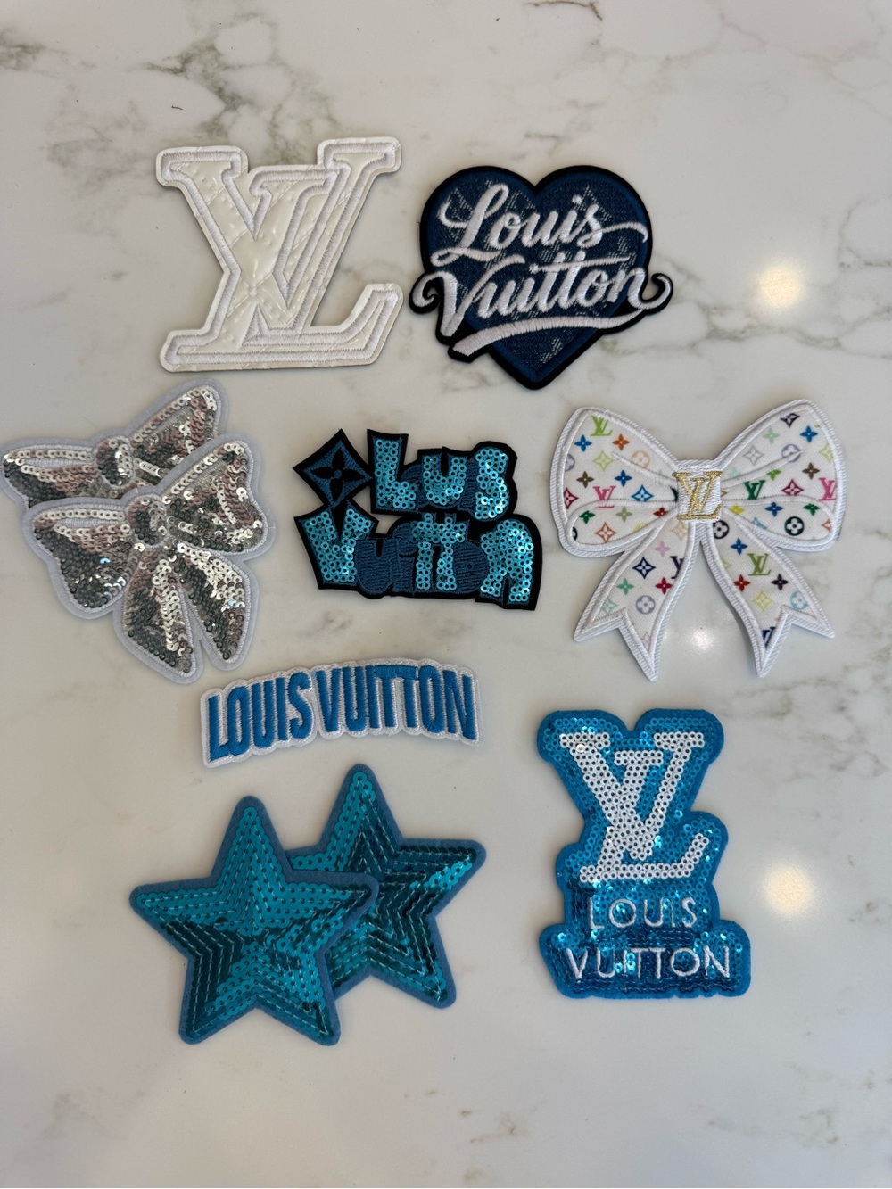 Hand Crafted Blue, White & Silver Sequin Iron on Patches